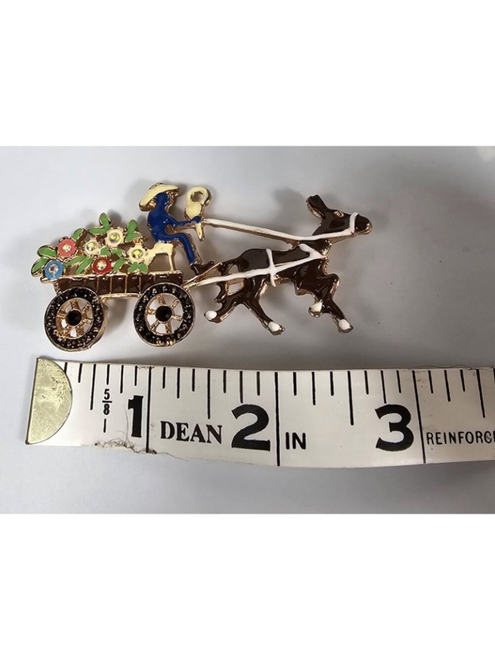 Enamel Donkey Cart Brooch Pin Cowboy with Flowers, Colorful VTG - Picture 5 of 5